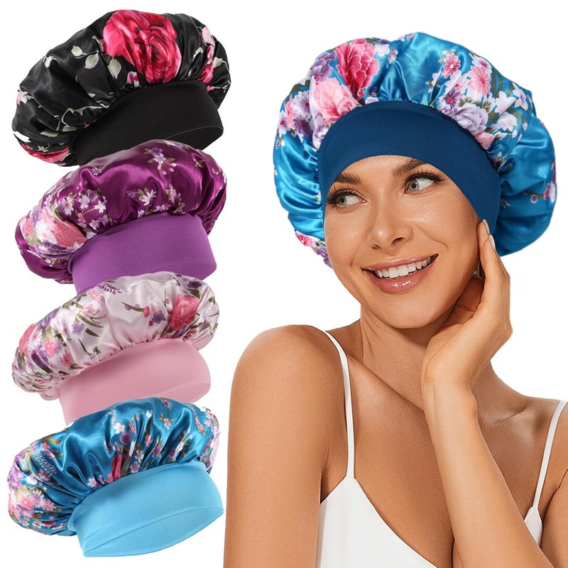 LEADUWAY 4Pcs Satin Bonnet Silk Bonnet, Hair Bonnet for Sleeping, Elastic Wide Band Sleep Cap, Soft and Breathable Silk Hair Wrap for Sleeping (Black Purple Pink Blue) - Image 1